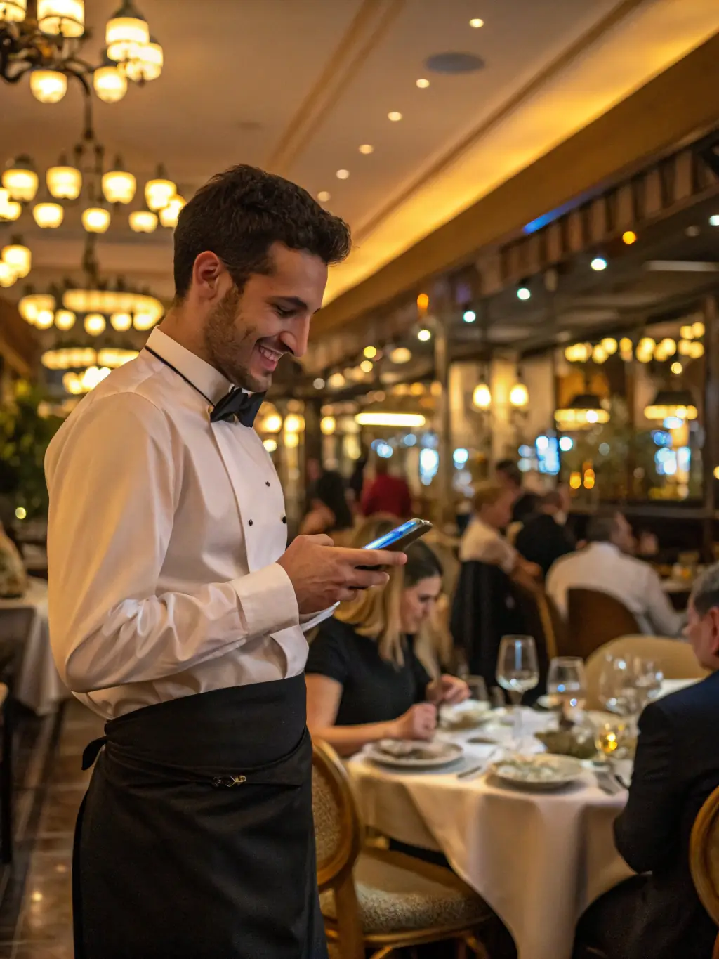 A waiter receiving instant tip notifications on their smartphone, illustrating the transparency and control offered by SaluTips.