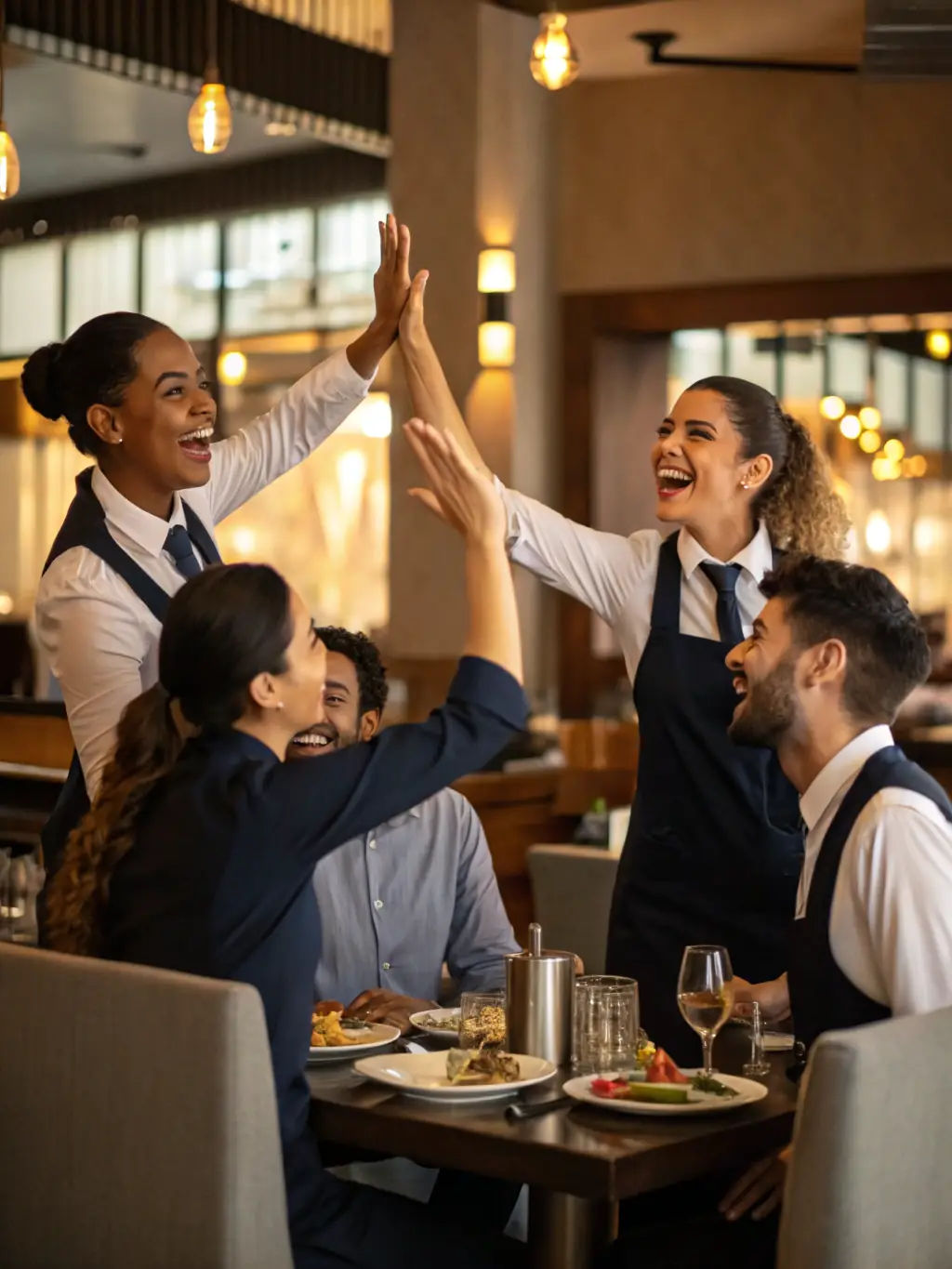 A group of happy waitstaff members celebrating their increased earnings, emphasizing the positive impact of SaluTips on team morale.