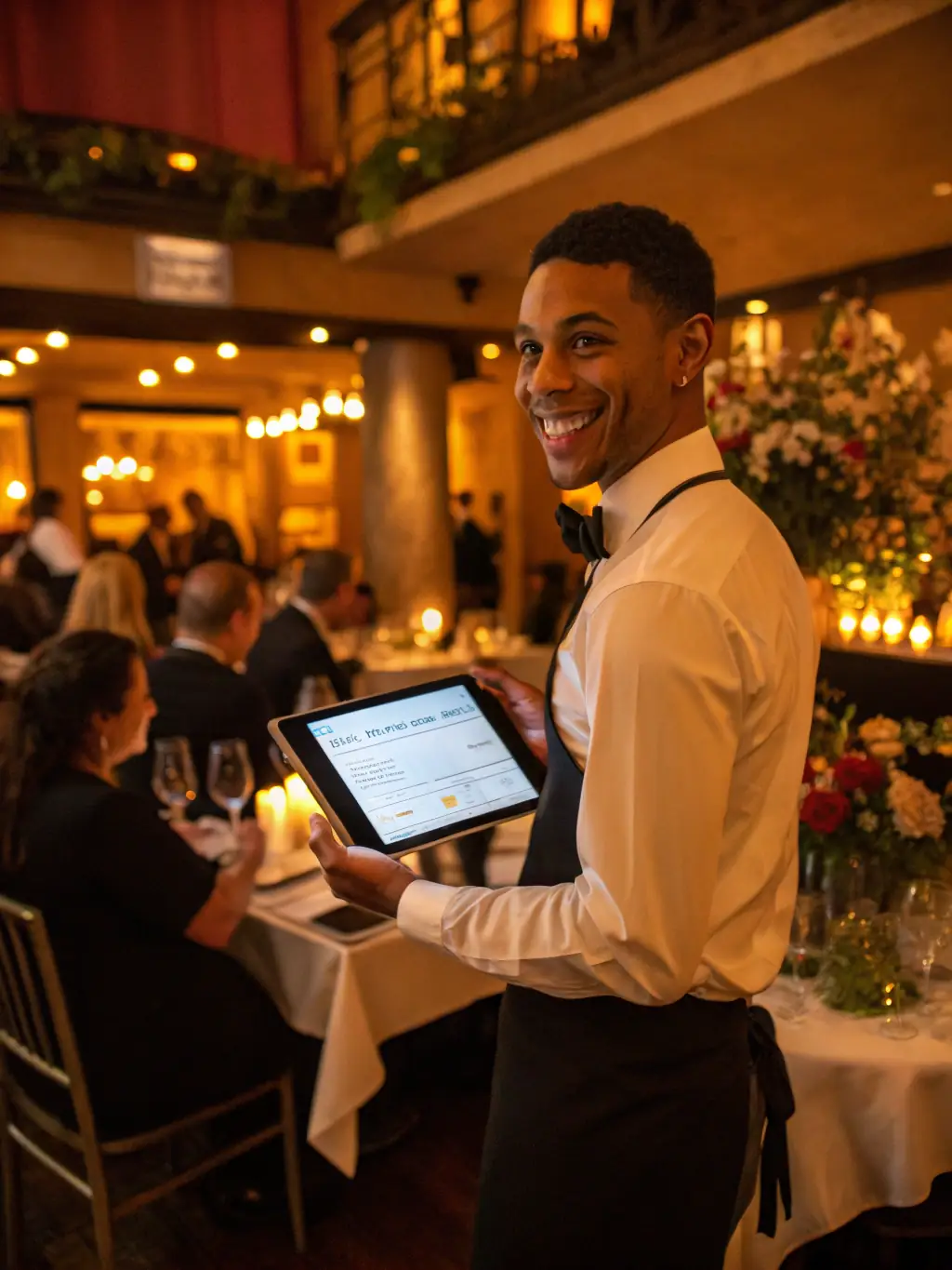 A smiling waiter holding a tablet displaying increased tip amounts, showcasing the financial benefits of using SaluTips.