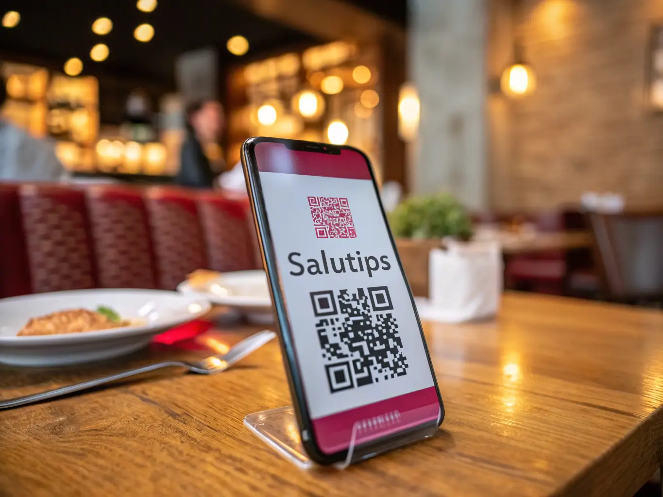A close-up shot of a smartphone scanning a SaluTips QR code on a restaurant table, with a blurred background of a pleasant dining environment.