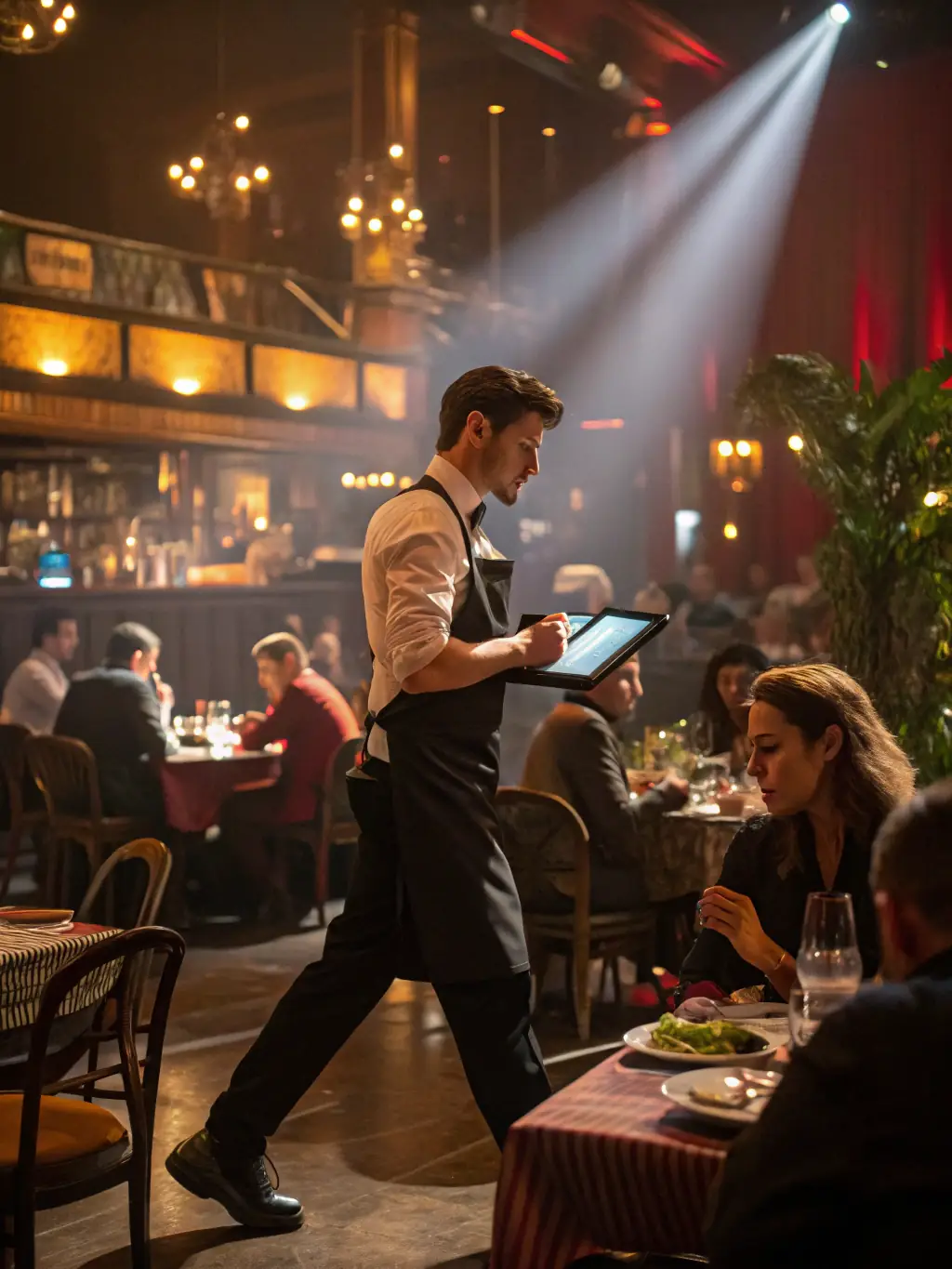 A waiter efficiently managing multiple tables with a tablet, highlighting the time-saving aspect of SaluTips.
