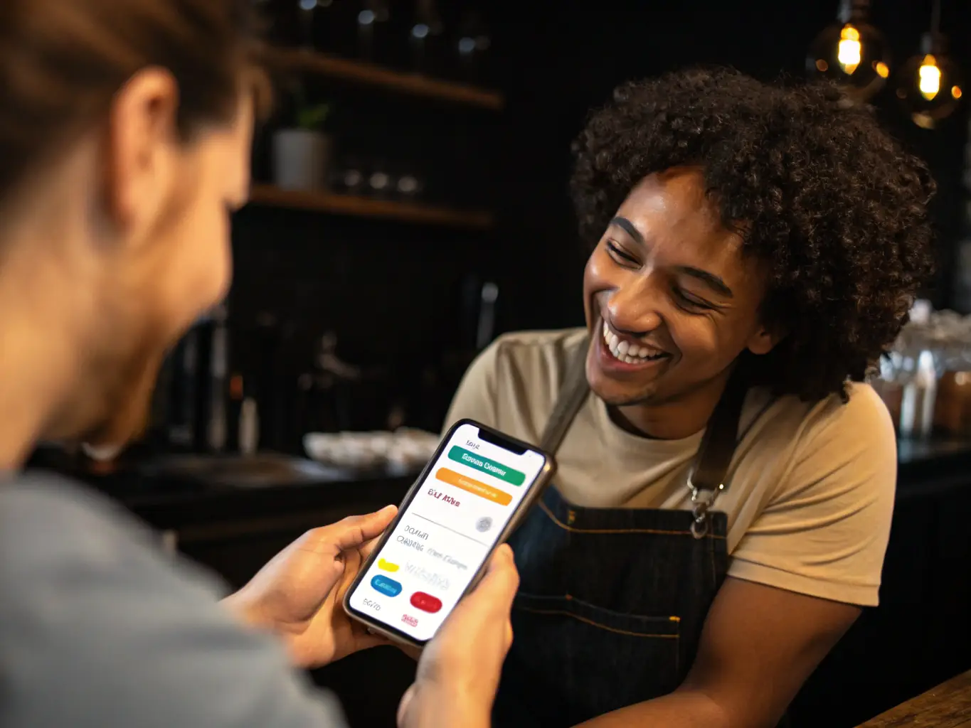 A graphic showing a happy customer easily selecting a tip amount on their smartphone using the SaluTips interface.