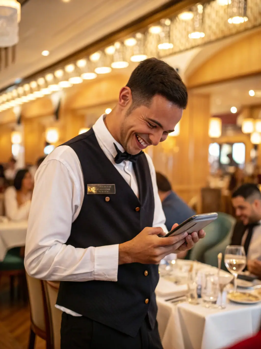 A waiter receiving a notification on their device about a tip received through SaluTips, with a happy expression.