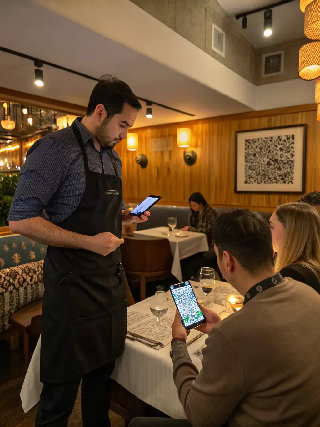 A customer scanning a SaluTips QR code on their smartphone at a restaurant table, with a waiter smiling in the background.