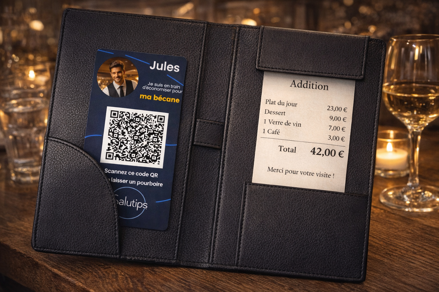 Addition française avec carte SaluTips présentée avec le règlement au restaurant