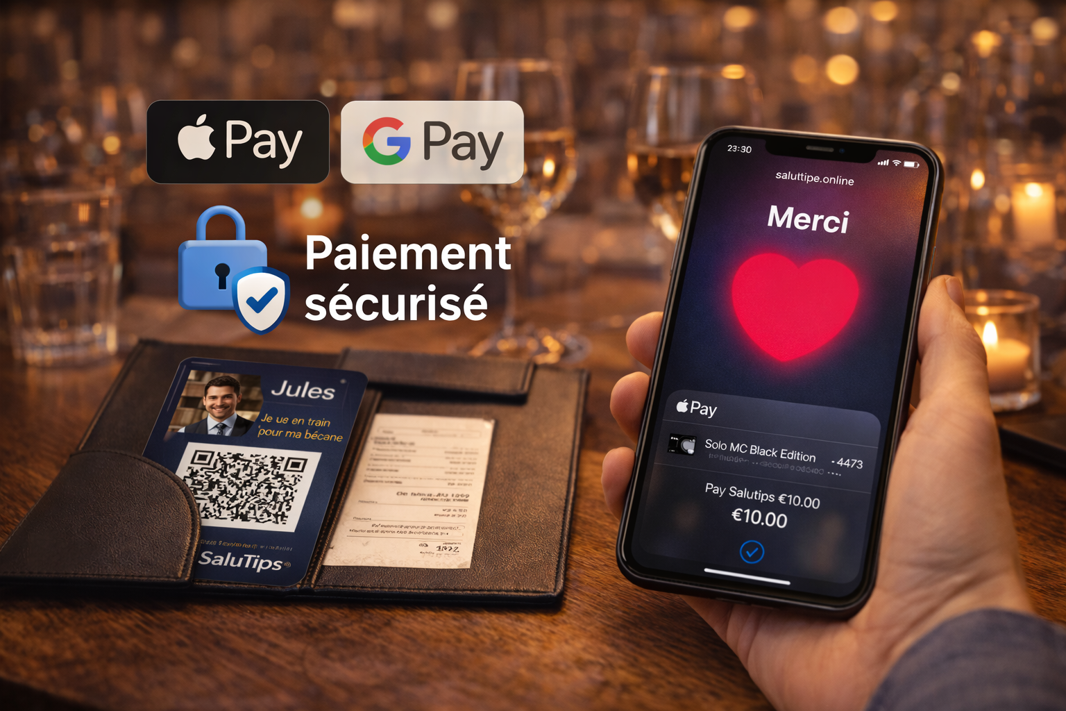 Paiement securise SaluTips via Apple Pay sur smartphone dans un restaurant