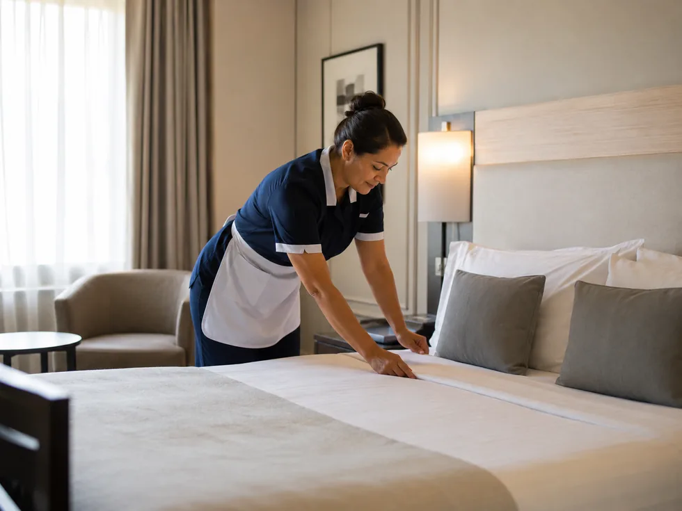 Professionnelle housekeeping préparant une chambre d’hôtel