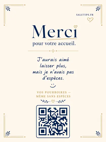 Exemple de carte SaluTips élégante avec message de remerciement et code QR