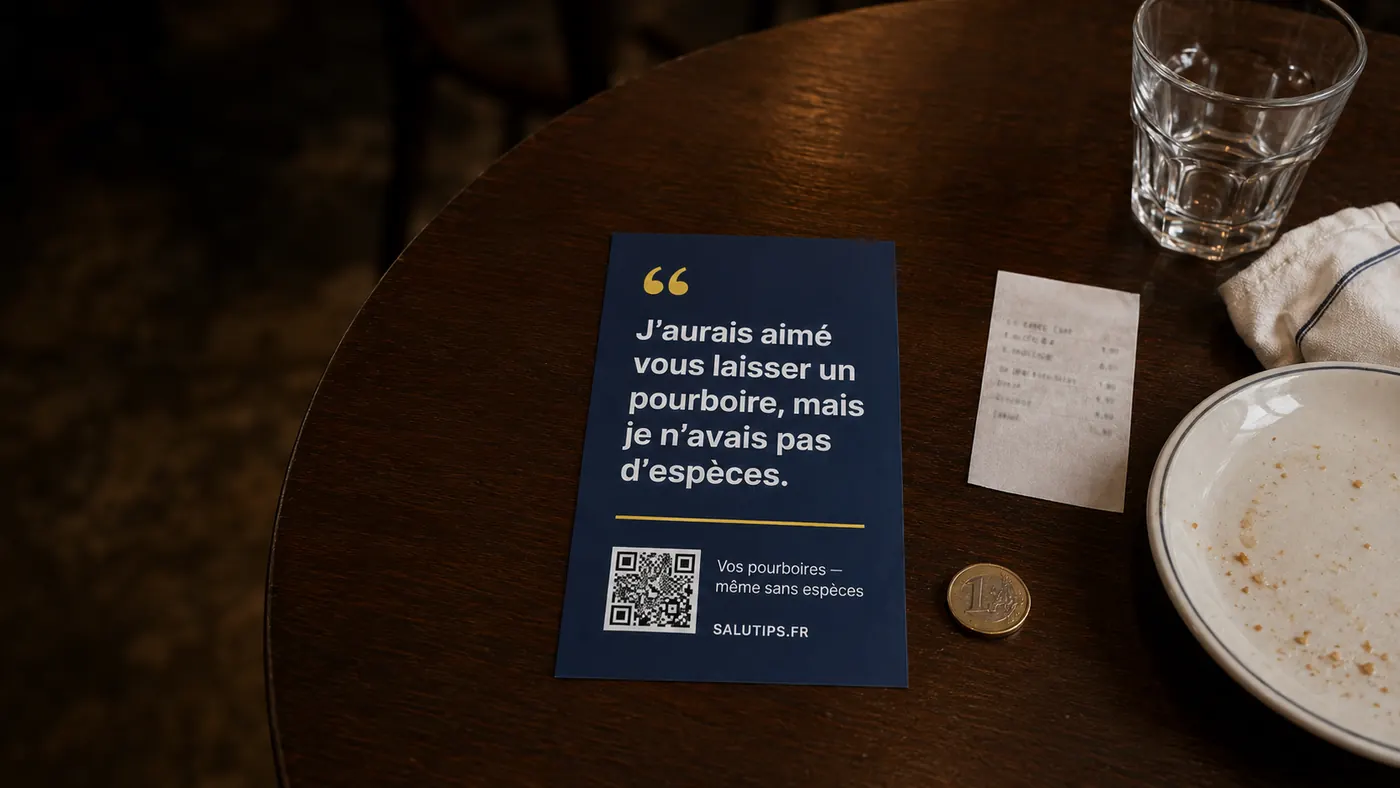 Une carte SaluTips avec un message est posée sur une table à côté d’une pièce d’un euro, d’un reçu et d’une assiette après le service