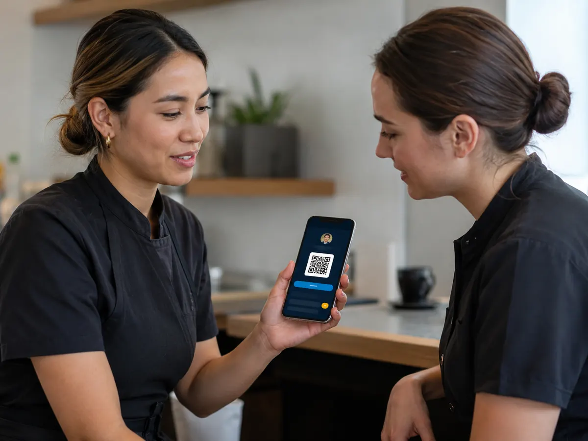 Un partenaire montre SaluTips à une professionnelle du service avec un code QR sur smartphone