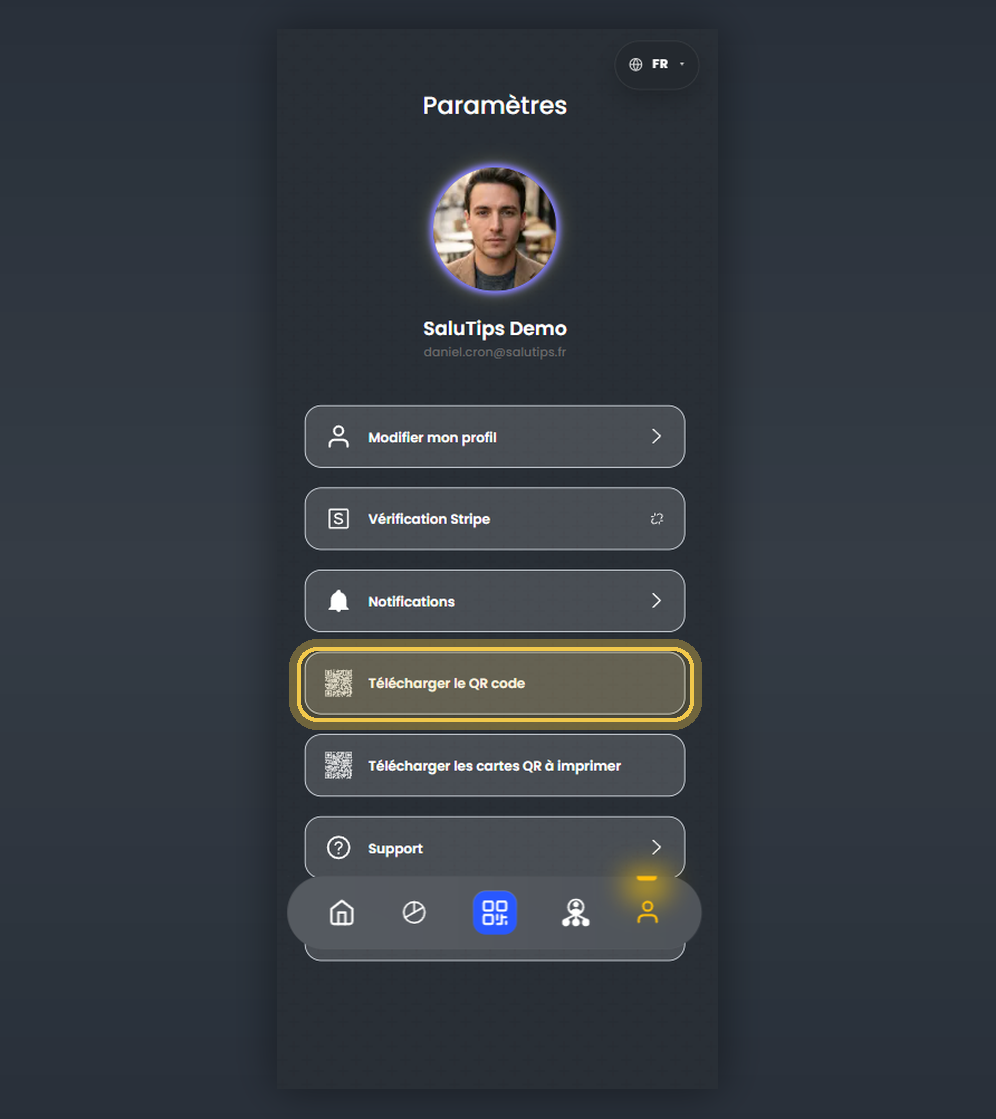Écran Settings avec photo de profil et action Download QR code