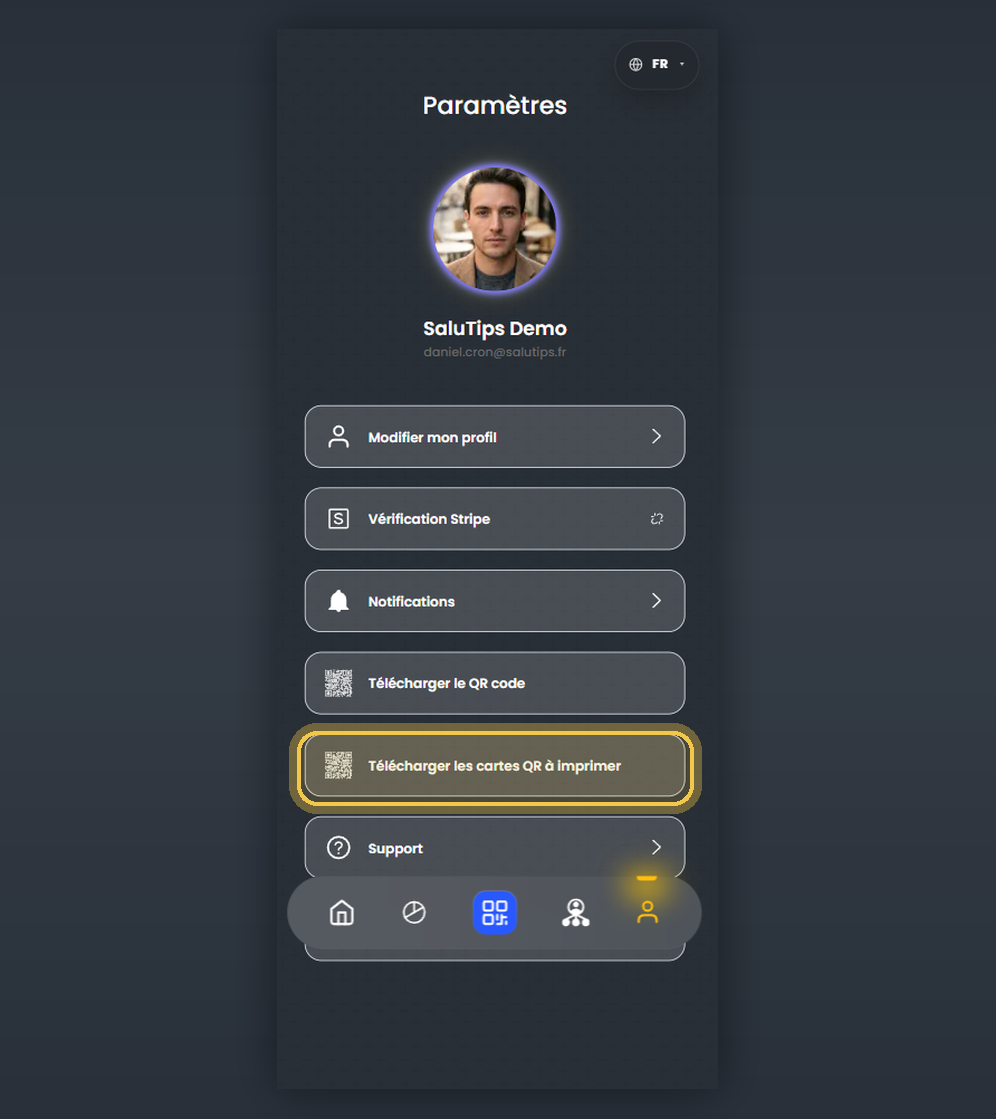 Écran Settings avec photo de profil et action Download printable QR cards