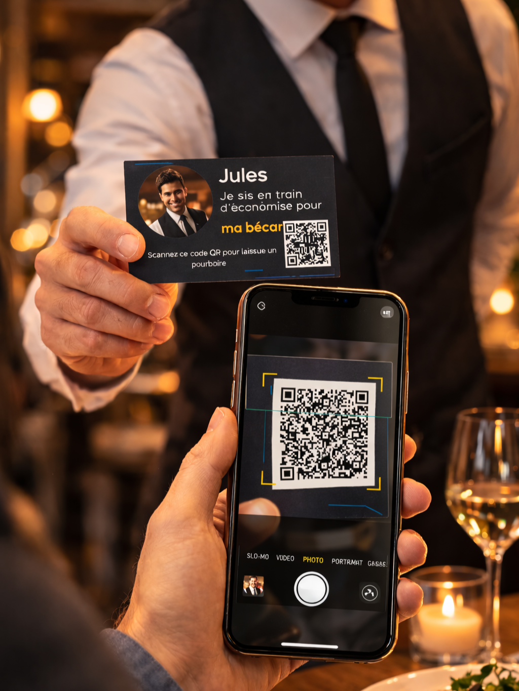 Guest scanning a SaluTips QR code card in a restaurant