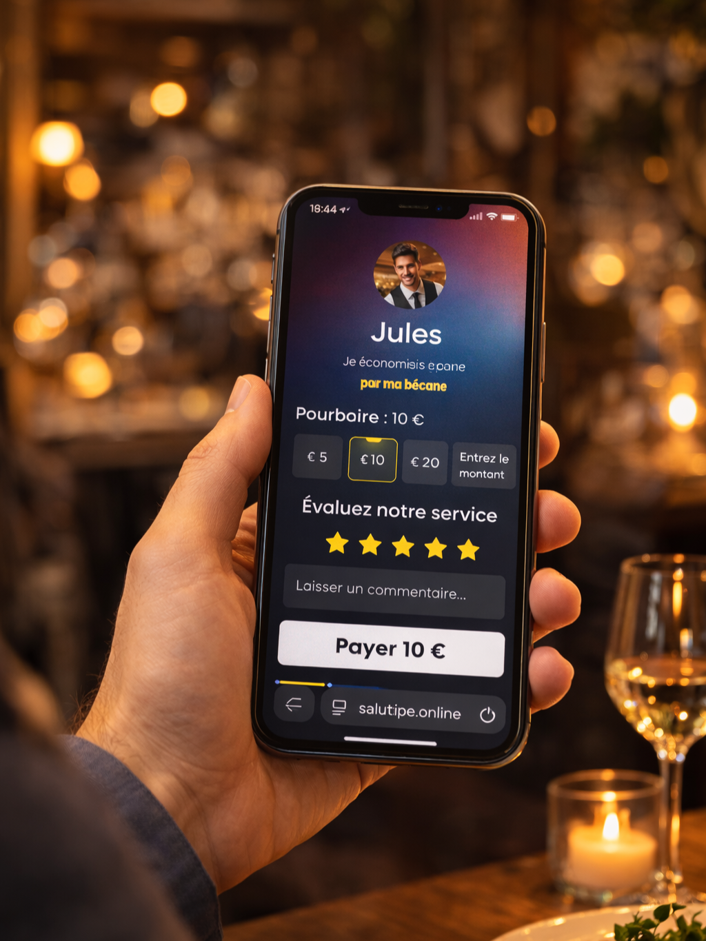 Guest choosing a tip amount in the SaluTips app