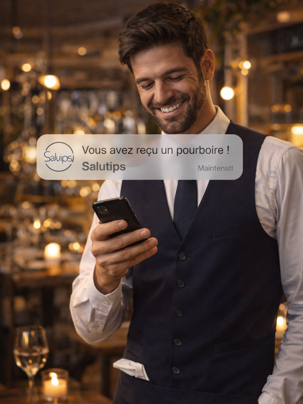Serveur recevant une notification instantanée de pourboire sur SaluTips