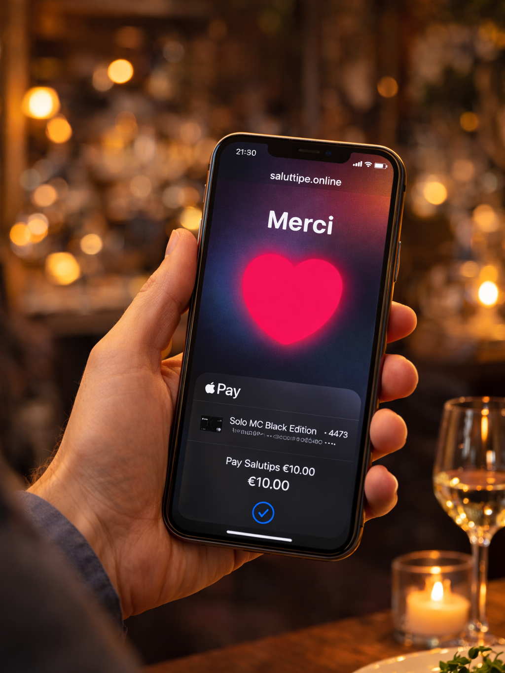 Client confirmant un paiement SaluTips avec Apple Pay et écran de remerciement
